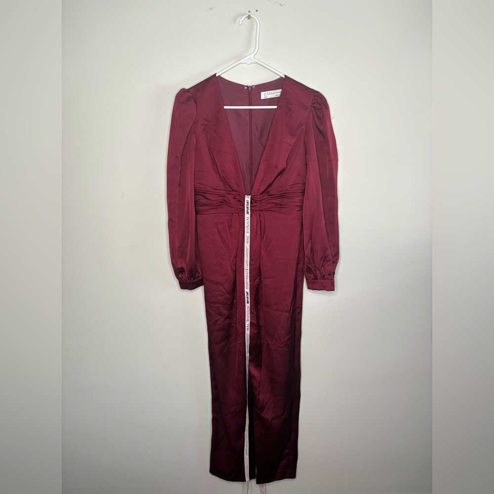 Ieena for Mac Duggal Red Front Twist Puff Sleeve Deep V Jumpsuit - Picture 3 of 12